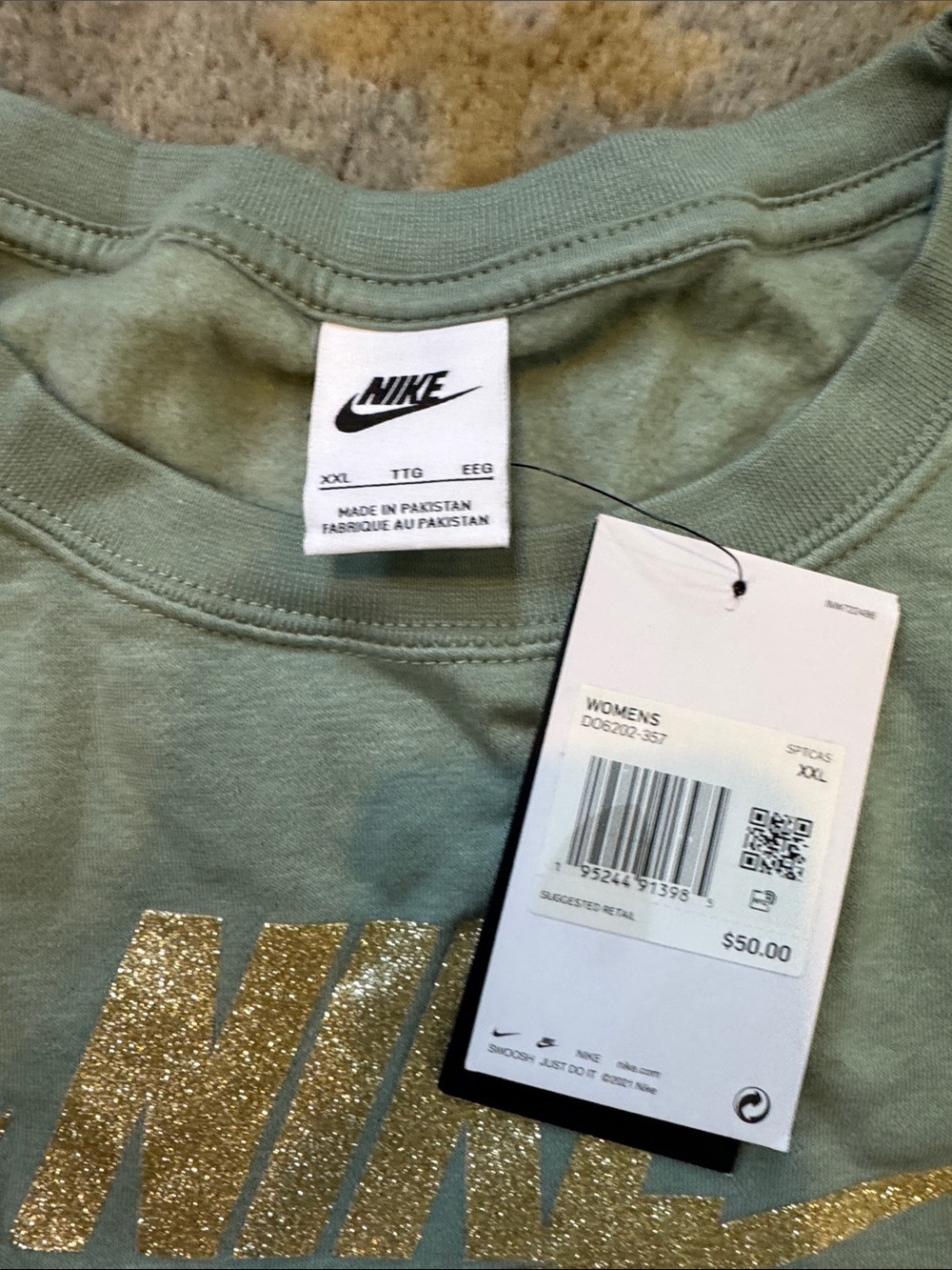 Nike Sage Green Glitter Logo Crew Sweatshirt - Women - Picture 3 of 3